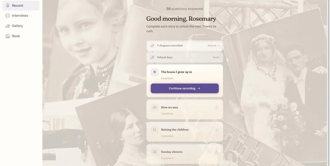The Ethos record screen, showing numbered chapters that unlock one after another