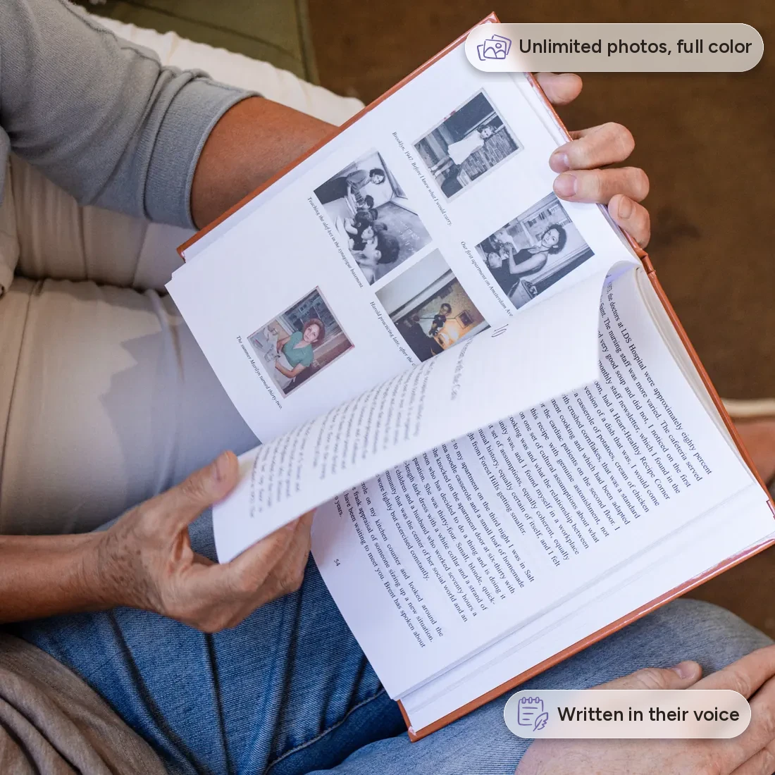 An open Ethos hardcover resting on someone's lap, mid page-turn — one page of captioned family photographs facing a page of typeset story