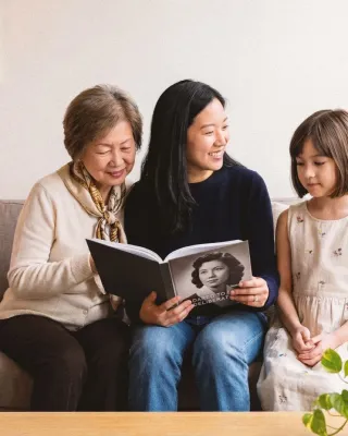 Three generations reading a finished Ethos book together