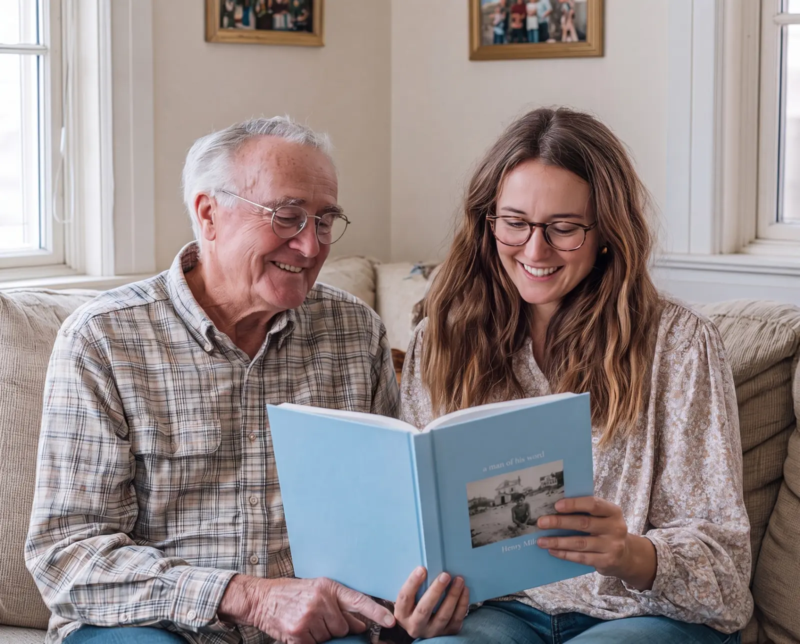 An older man and his daughter reading a hardcover life story book together