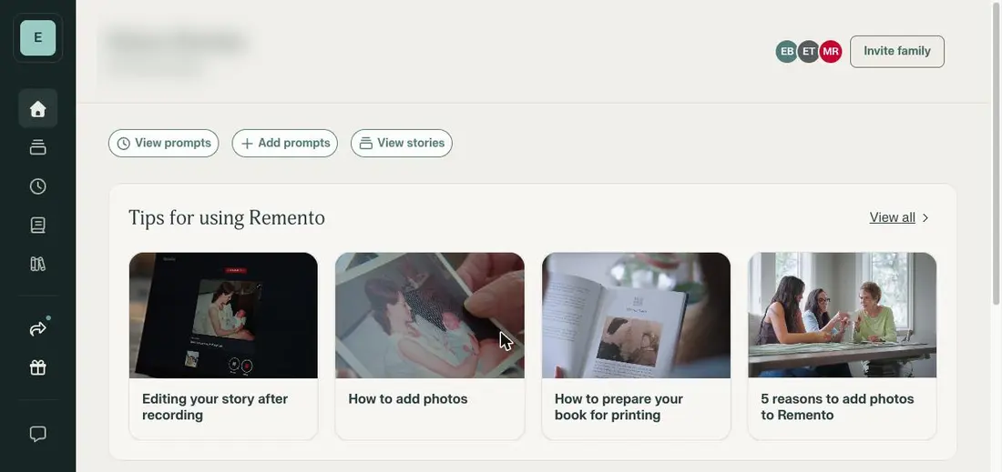 A Remento project home, showing tabs for Home, Stories, Prompts, Book builder and Learning library, and a row of onboarding tips