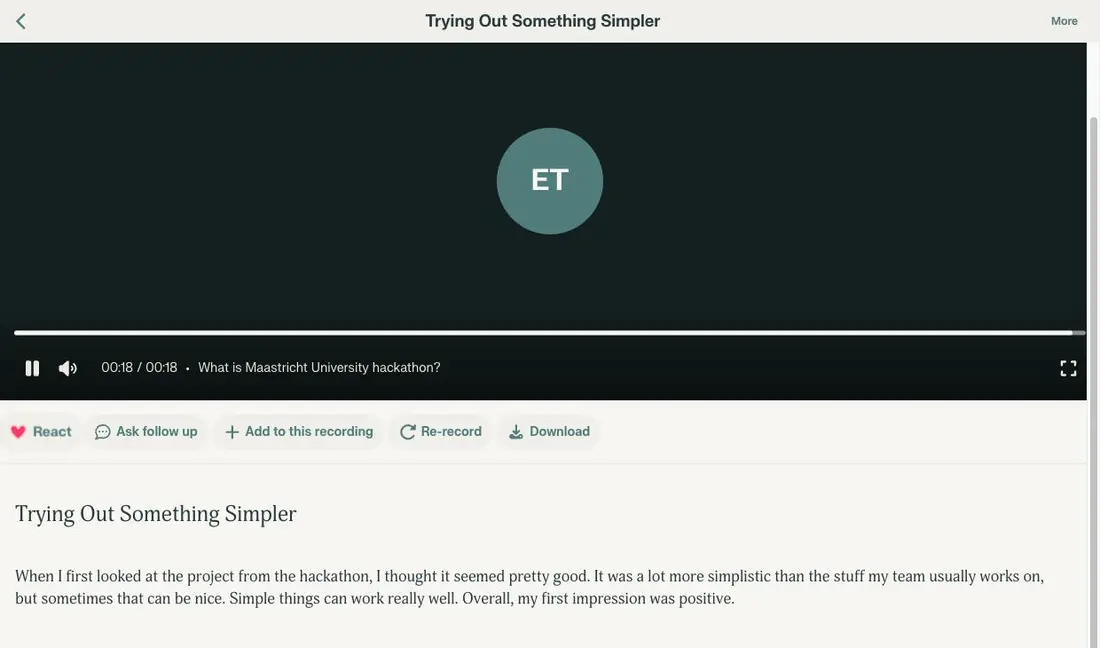 A Remento recording screen titled Trying Out Something Simpler, with a video player, a Re-record and Download row, and the auto-written story text underneath