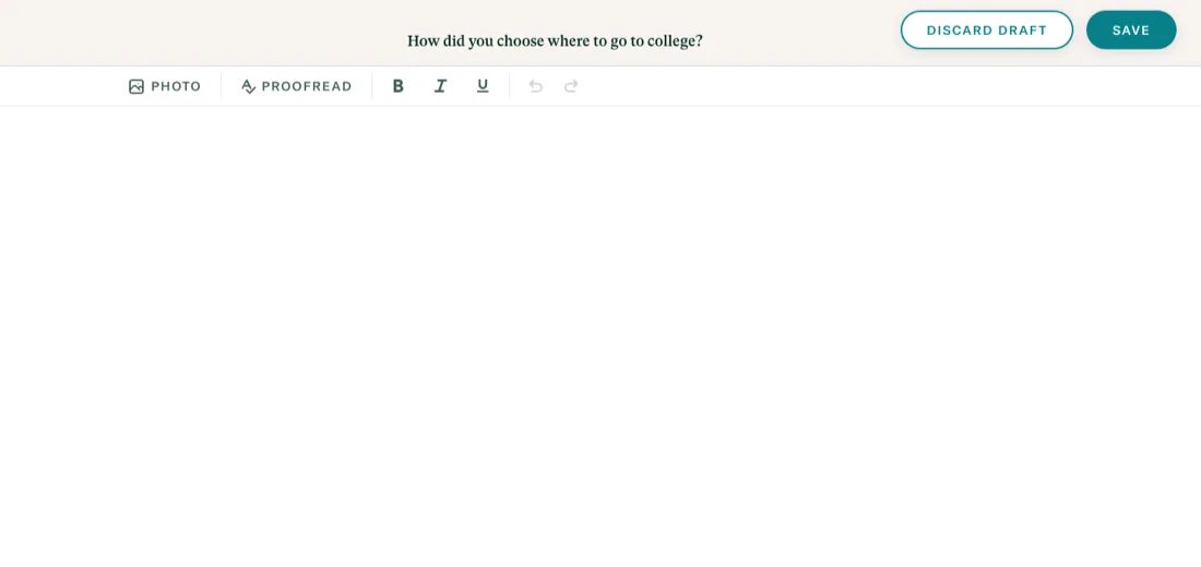 A StoryWorth question above a completely empty writing area with a Save button