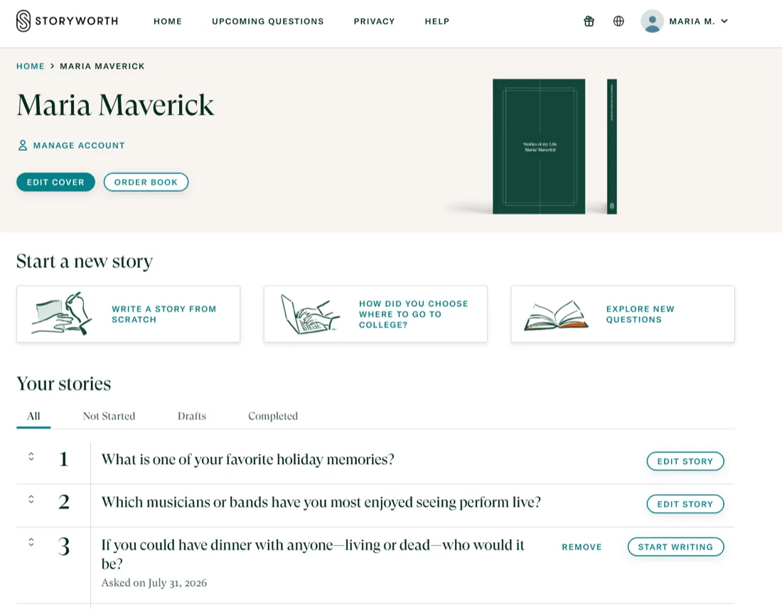 The StoryWorth account home page, showing a plain green book cover and a list of questions underneath