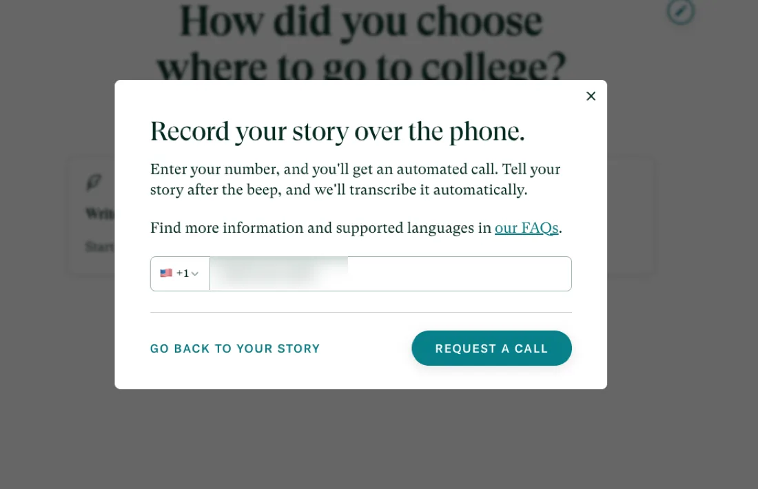 A StoryWorth dialog headed Record your story over the phone, with a phone number field