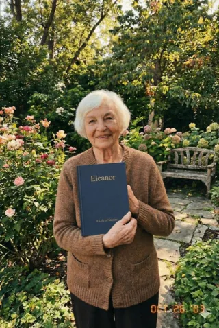 Eleanor holding her finished Ethos book in her garden