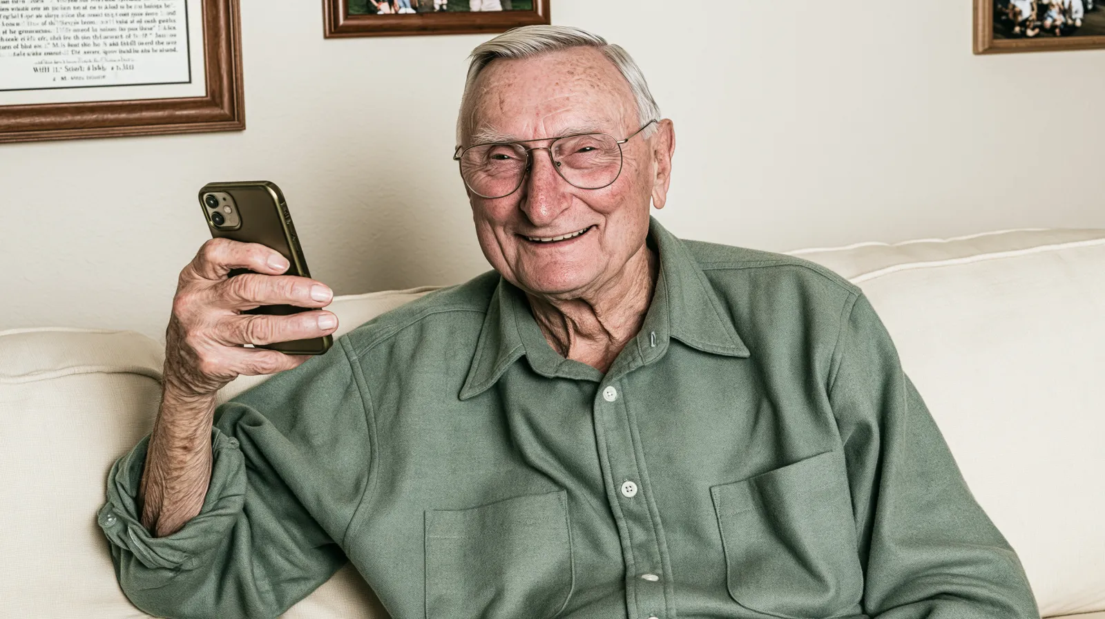 An older American man, a Vietnam veteran, sitting at home holding his phone and smiling