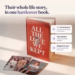 Ethos life story hardcover book with feature callouts: 7 x 10 hardcover, their photos printed inside, shipped to your door