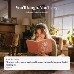 A woman laughing while reading her finished Ethos life story hardcover, with a verified review: she just talks once a week and it turns into real chapters, I cried reading it