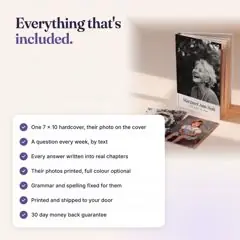Everything included in an Ethos life story book: hardcover, weekly questions, written chapters, photos, shipping, guarantee