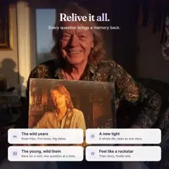 Relive it all: an older man holding up a photo of himself young with his guitar, with the wild years, a new light, the young them, feel like a rockstar